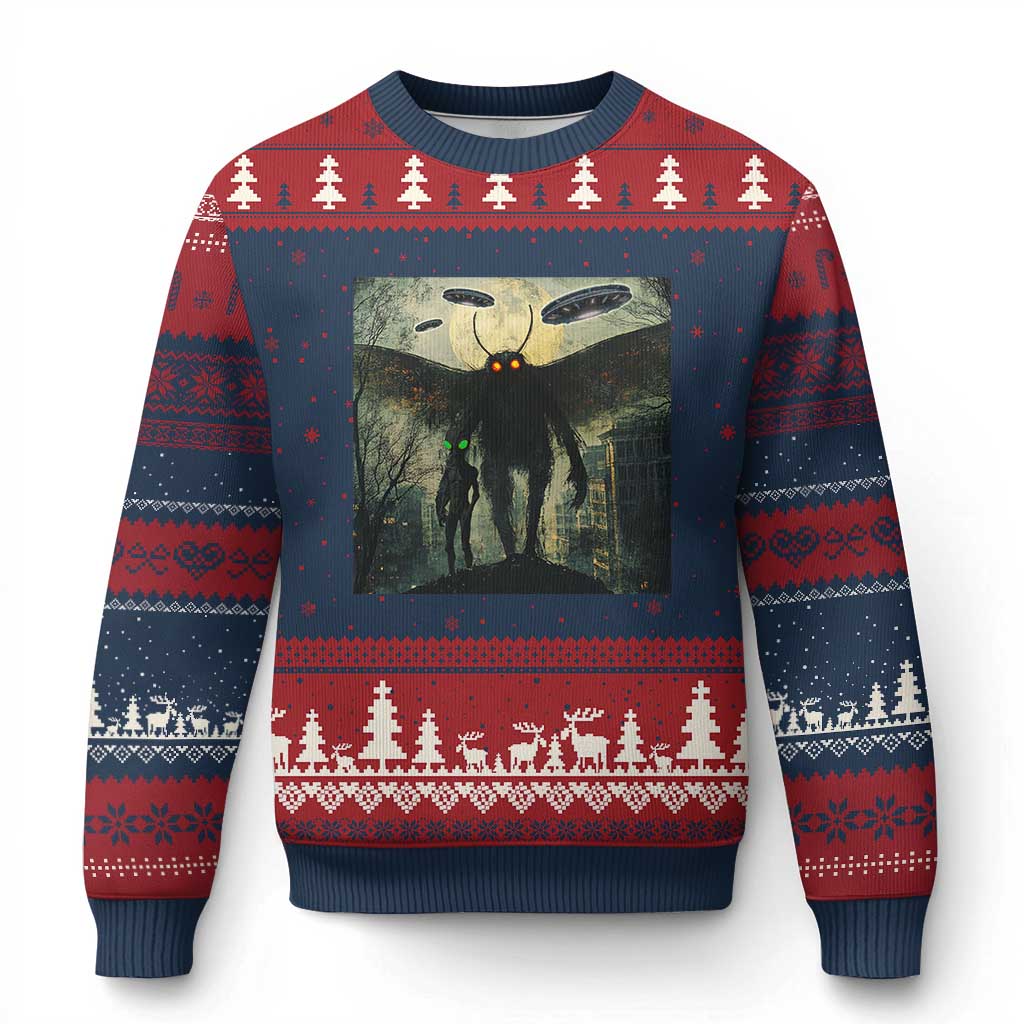 Mothman Aliens Ugly Christmas Sweater Funny Cryptid Alien UFO TS10 Navy Red Print Your Wear