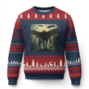 Mothman Aliens Ugly Christmas Sweater Funny Cryptid Alien UFO TS10 Navy Red Print Your Wear
