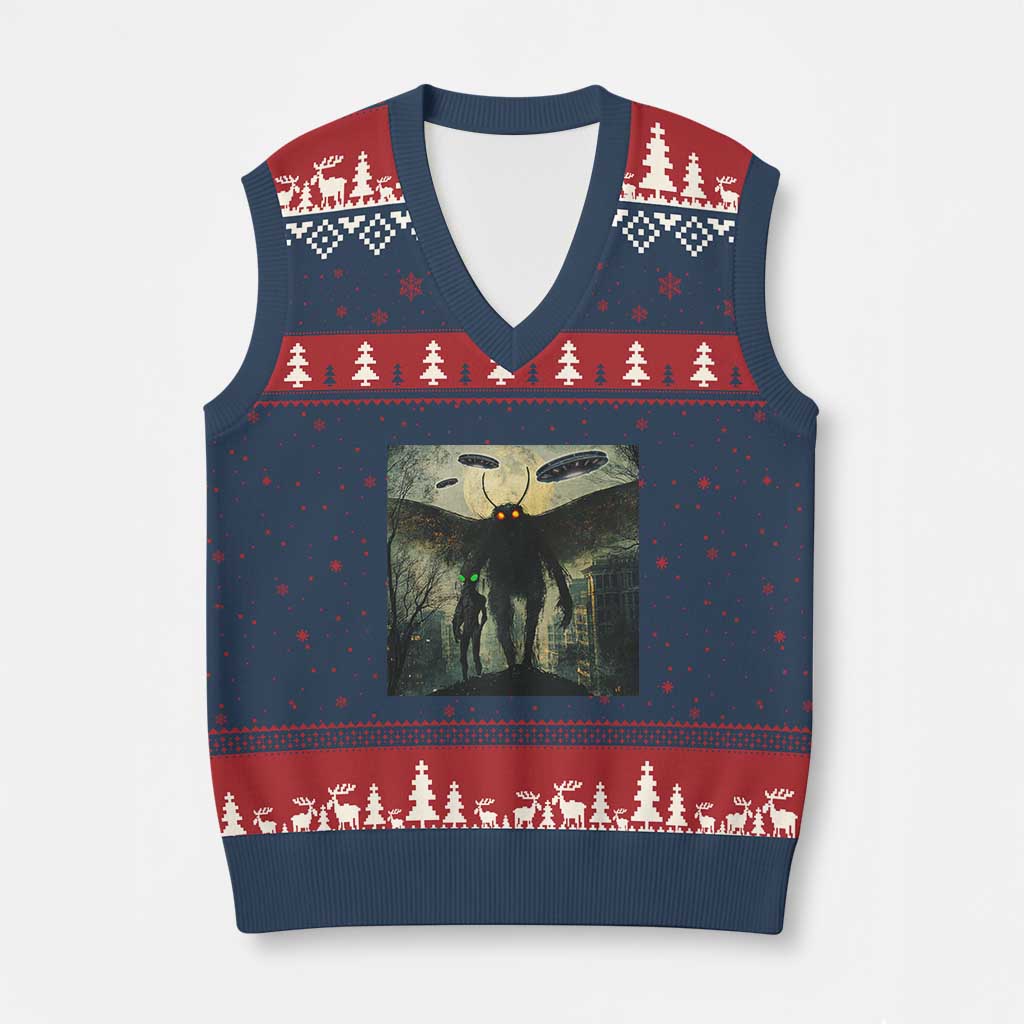 Mothman Aliens V-Neck Knit Sweater Vest Funny Cryptid Alien UFO TS10 Navy Red Print Your Wear