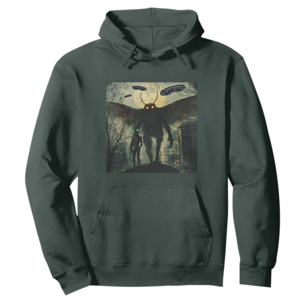 Mothman Aliens Hoodie Funny Cryptid Alien UFO TS10 Dark Forest Green Print Your Wear