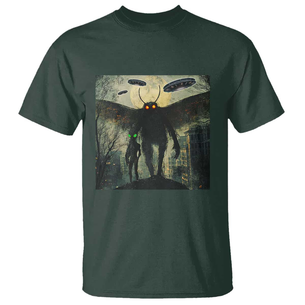 Mothman Aliens T Shirt Funny Cryptid Alien UFO TS10 Dark Forest Green Print Your Wear