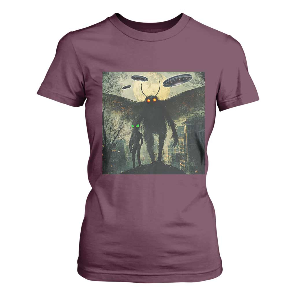 Mothman Aliens T Shirt For Women Funny Cryptid Alien UFO TS10 Maroon Print Your Wear