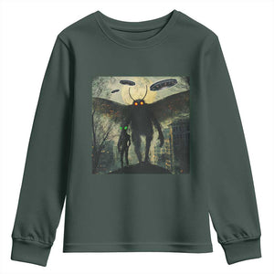 Mothman Aliens Youth Sweatshirt Funny Cryptid Alien UFO TS10 Dark Forest Green Print Your Wear