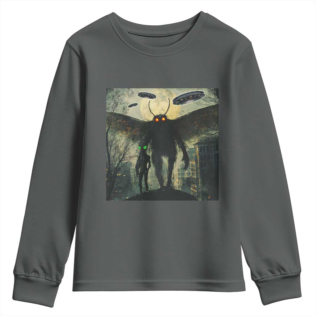 Mothman Aliens Youth Sweatshirt Funny Cryptid Alien UFO TS10 Dark Heather Print Your Wear