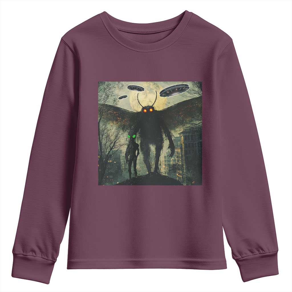 Mothman Aliens Youth Sweatshirt Funny Cryptid Alien UFO TS10 Maroon Print Your Wear