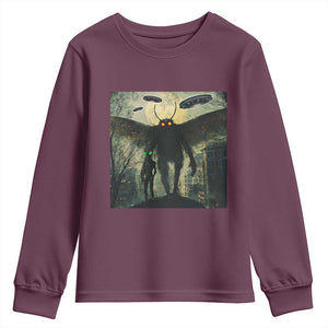 Mothman Aliens Youth Sweatshirt Funny Cryptid Alien UFO TS10 Maroon Print Your Wear