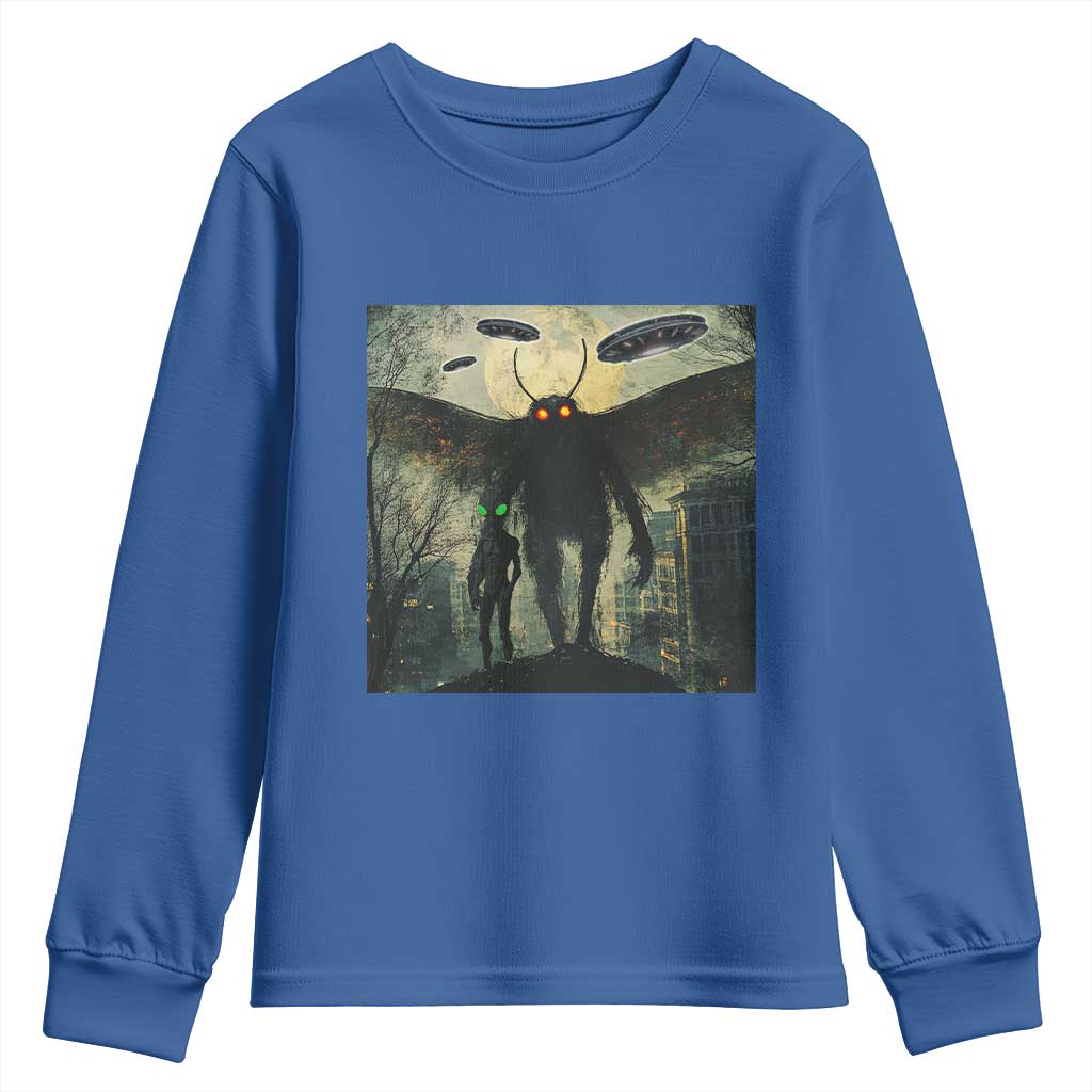 Mothman Aliens Youth Sweatshirt Funny Cryptid Alien UFO TS10 Royal Blue Print Your Wear