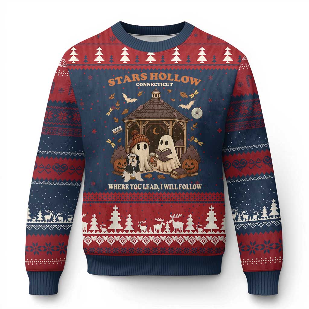 Halloween Stars Hollow Ugly Christmas Sweater Retro Book Lover Cute Ghost Fall Pumpkin TS10 Navy Red Print Your Wear