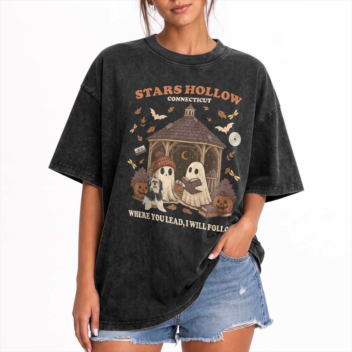 Halloween Stars Hollow Washed Cotton T-Shirt Retro Book Lover Cute Ghost Fall Pumpkin