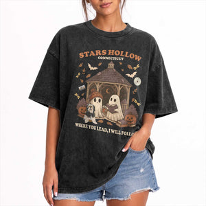 Halloween Stars Hollow Washed Cotton T-Shirt Retro Book Lover Cute Ghost Fall Pumpkin