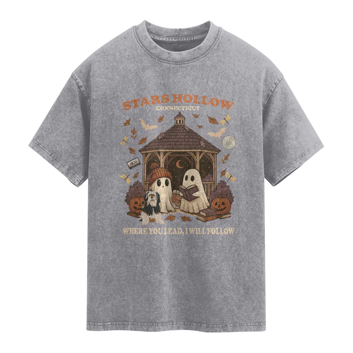 Halloween Stars Hollow Washed Cotton T-Shirt Retro Book Lover Cute Ghost Fall Pumpkin