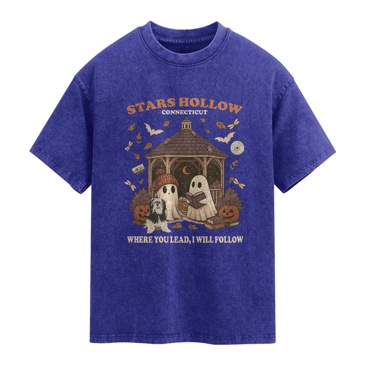Halloween Stars Hollow Washed Cotton T-Shirt Retro Book Lover Cute Ghost Fall Pumpkin