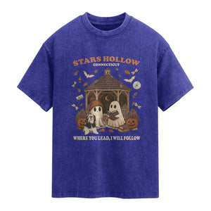 Halloween Stars Hollow Washed Cotton T-Shirt Retro Book Lover Cute Ghost Fall Pumpkin