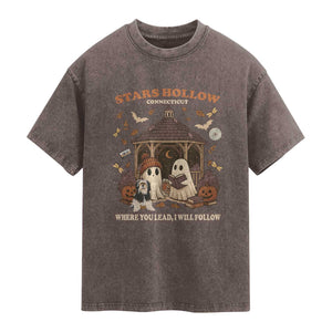 Halloween Stars Hollow Washed Cotton T-Shirt Retro Book Lover Cute Ghost Fall Pumpkin