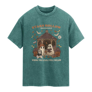 Halloween Stars Hollow Washed Cotton T-Shirt Retro Book Lover Cute Ghost Fall Pumpkin