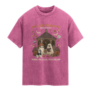 Halloween Stars Hollow Washed Cotton T-Shirt Retro Book Lover Cute Ghost Fall Pumpkin
