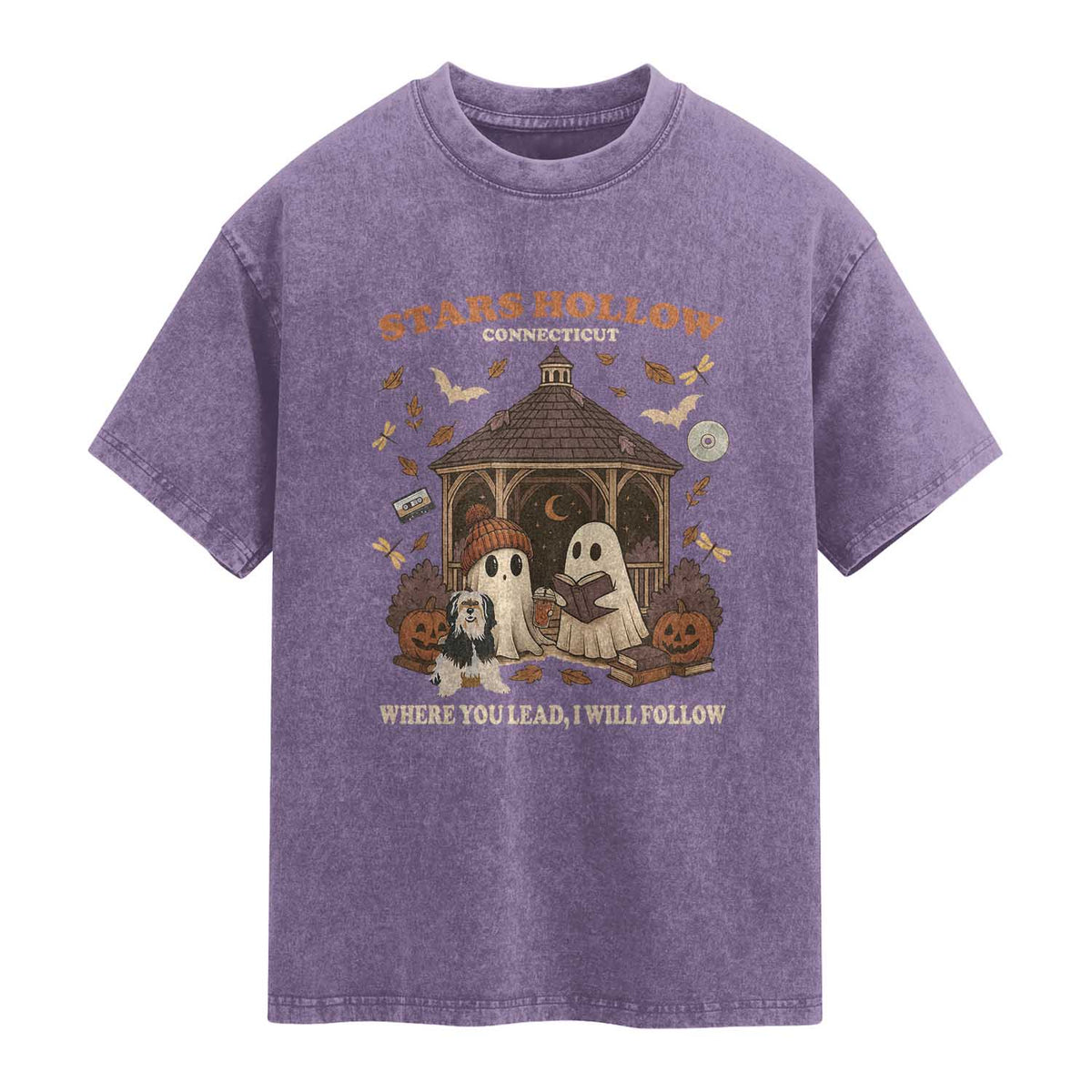 Halloween Stars Hollow Washed Cotton T-Shirt Retro Book Lover Cute Ghost Fall Pumpkin