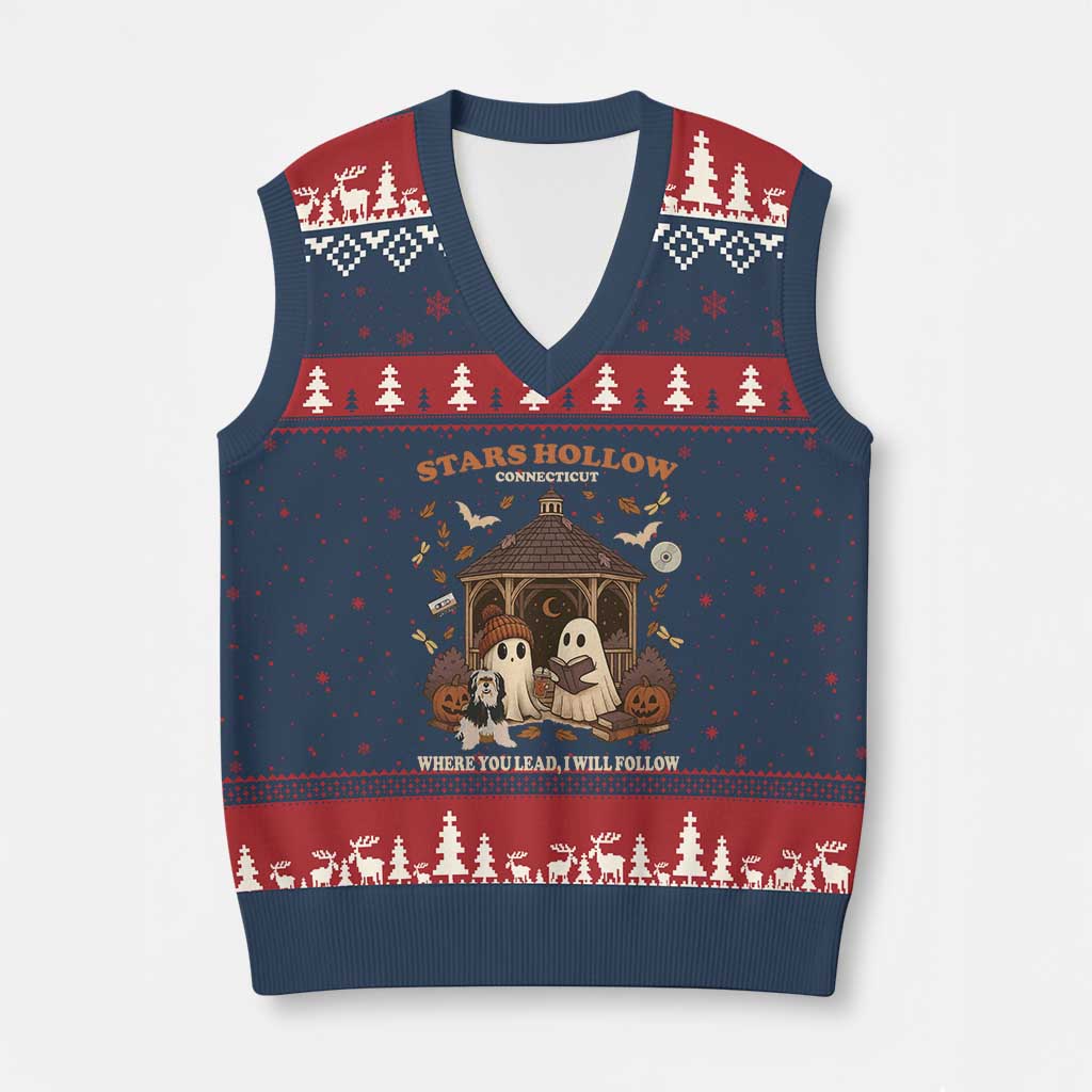 Halloween Stars Hollow V-Neck Knit Sweater Vest Retro Book Lover Cute Ghost Fall Pumpkin TS10 Navy Red Print Your Wear