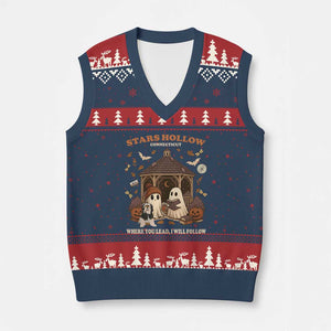 Halloween Stars Hollow V-Neck Knit Sweater Vest Retro Book Lover Cute Ghost Fall Pumpkin TS10 Navy Red Print Your Wear