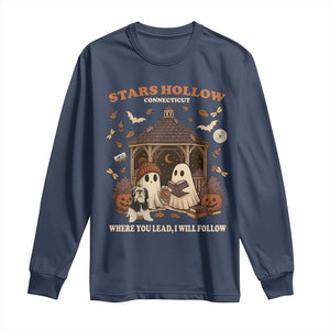 Halloween Stars Hollow Long Sleeve Shirt Retro Book Lover Cute Ghost Fall Pumpkin TS10 Navy Print Your Wear