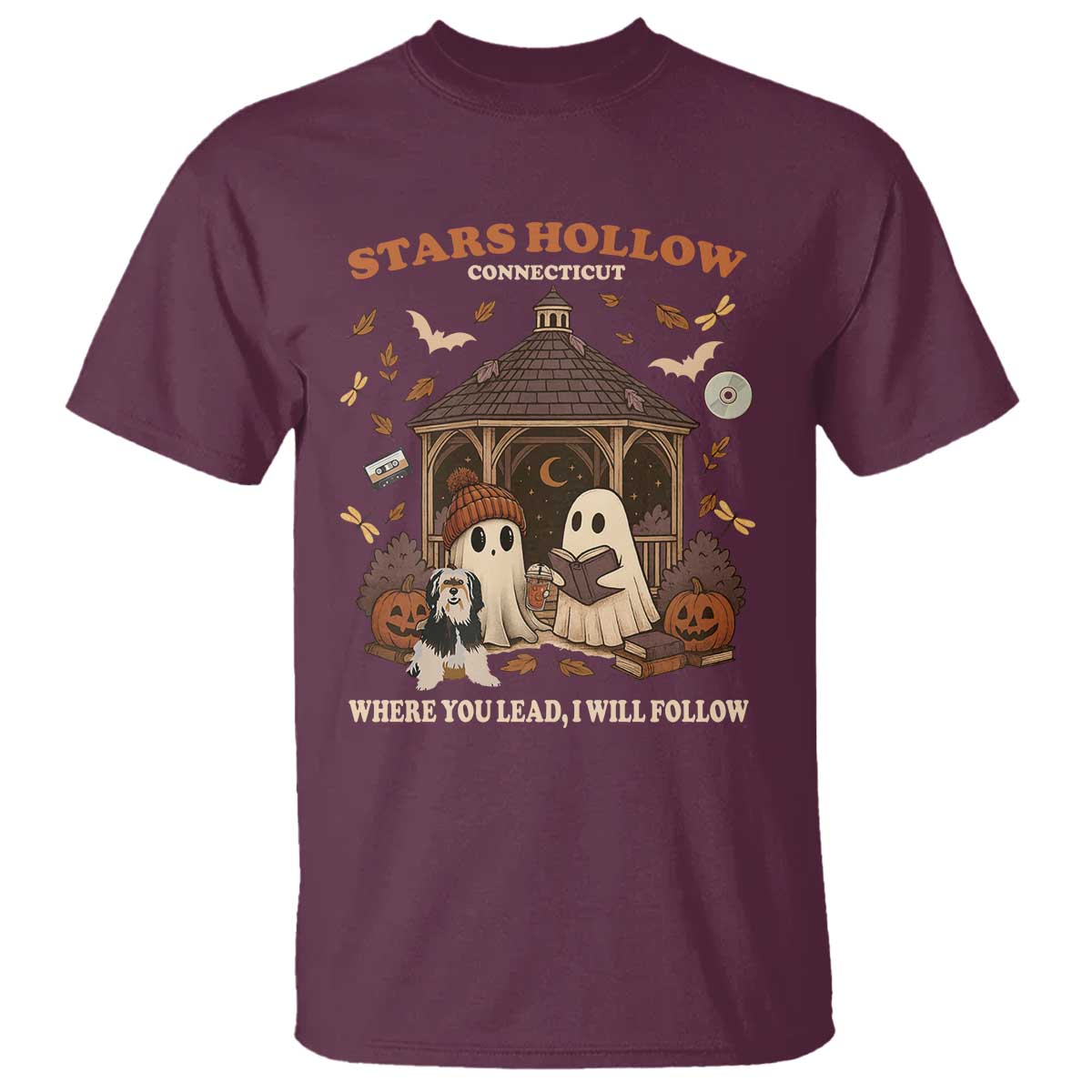 Halloween Stars Hollow T Shirt Retro Book Lover Cute Ghost Fall Pumpkin TS10 Maroon Print Your Wear