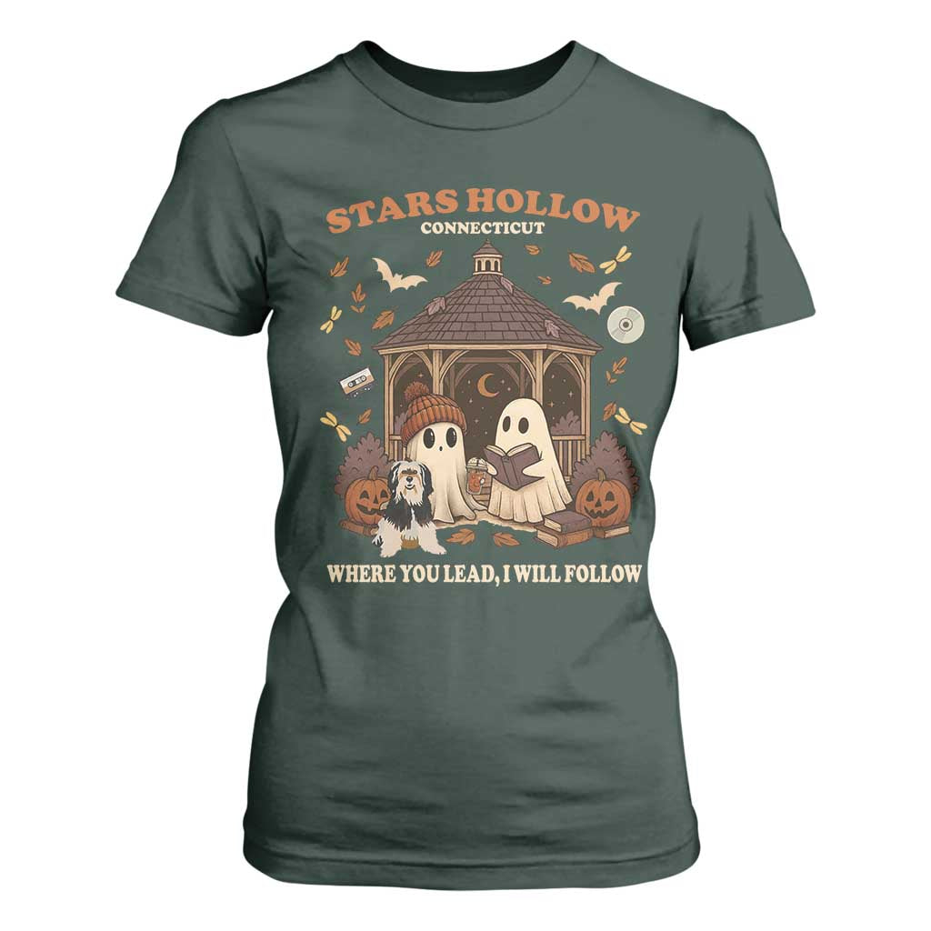 Halloween Stars Hollow T Shirt For Women Retro Book Lover Cute Ghost Fall Pumpkin TS10 Dark Forest Green Print Your Wear