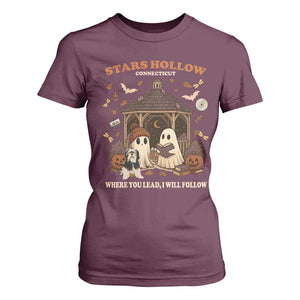 Halloween Stars Hollow T Shirt For Women Retro Book Lover Cute Ghost Fall Pumpkin TS10 Maroon Print Your Wear
