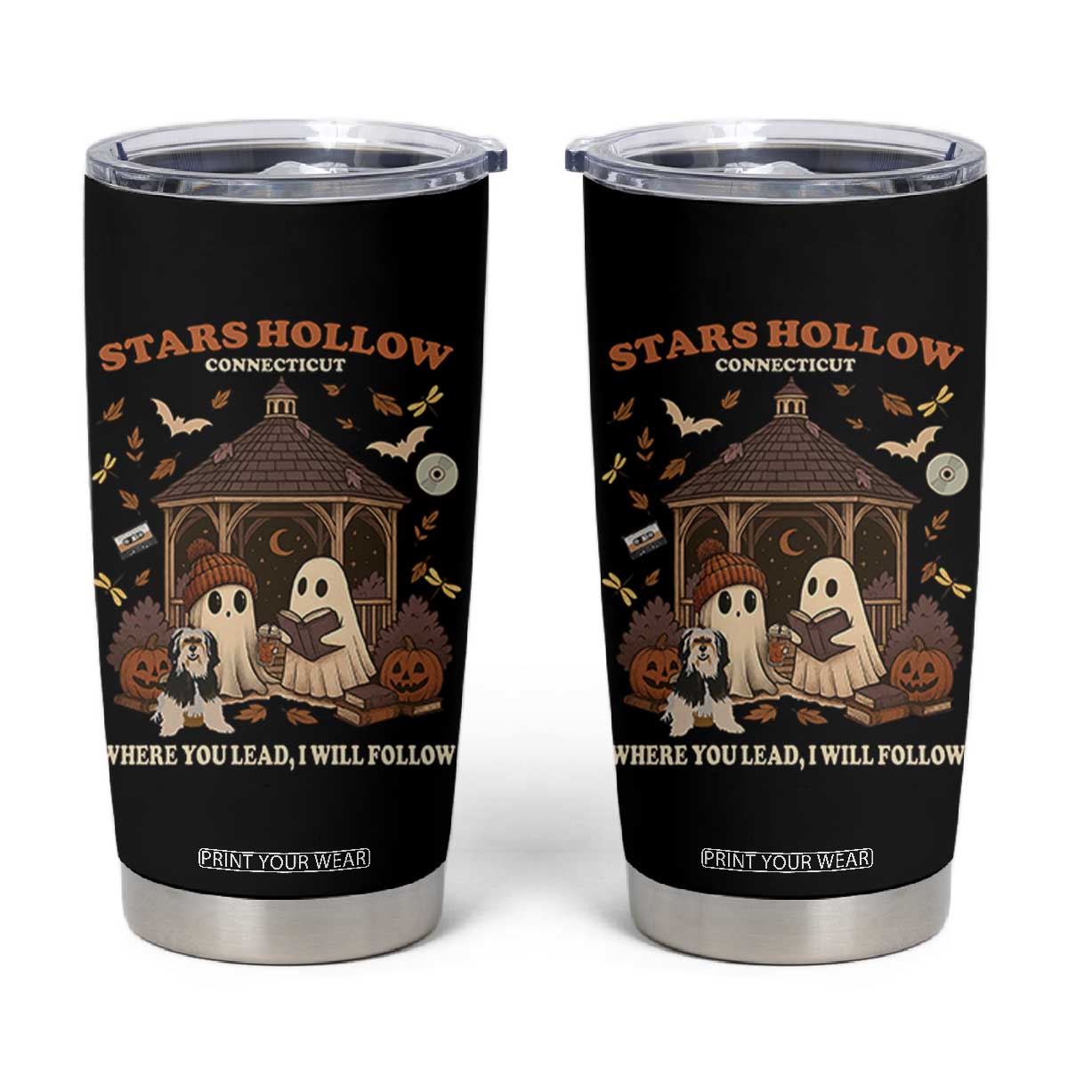 Halloween Stars Hollow Tumbler Cup Retro Book Lover Cute Ghost Fall Pumpkin TS10 Black Print Your Wear