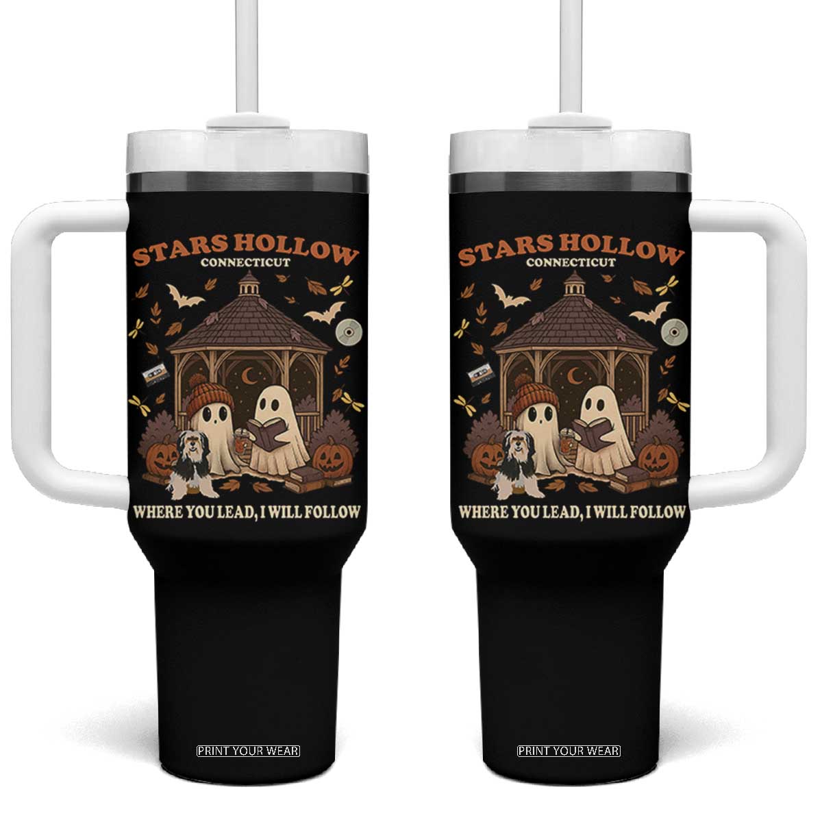 Halloween Stars Hollow Tumbler With Handle Retro Book Lover Cute Ghost Fall Pumpkin TS10 One Size: 40 oz Black Print Your Wear