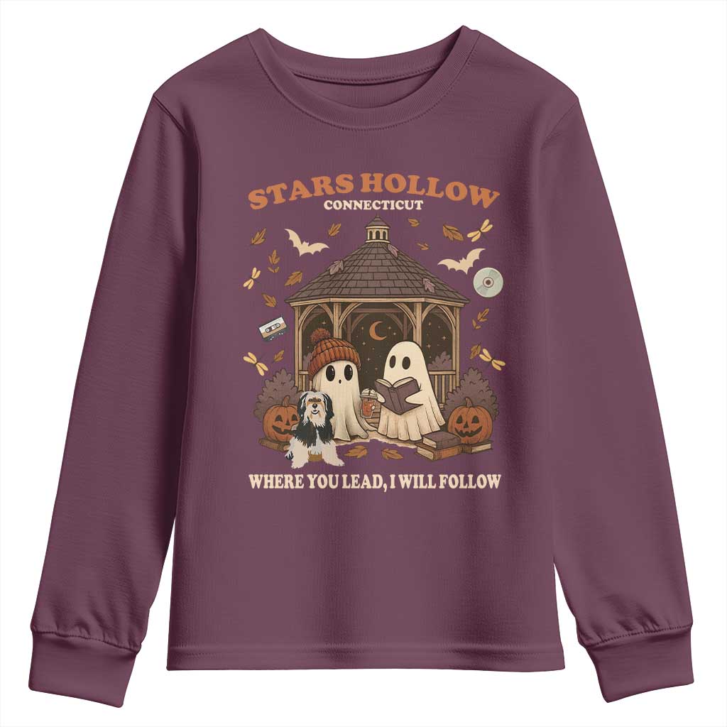 Halloween Stars Hollow Youth Sweatshirt Retro Book Lover Cute Ghost Fall Pumpkin TS10 Maroon Print Your Wear