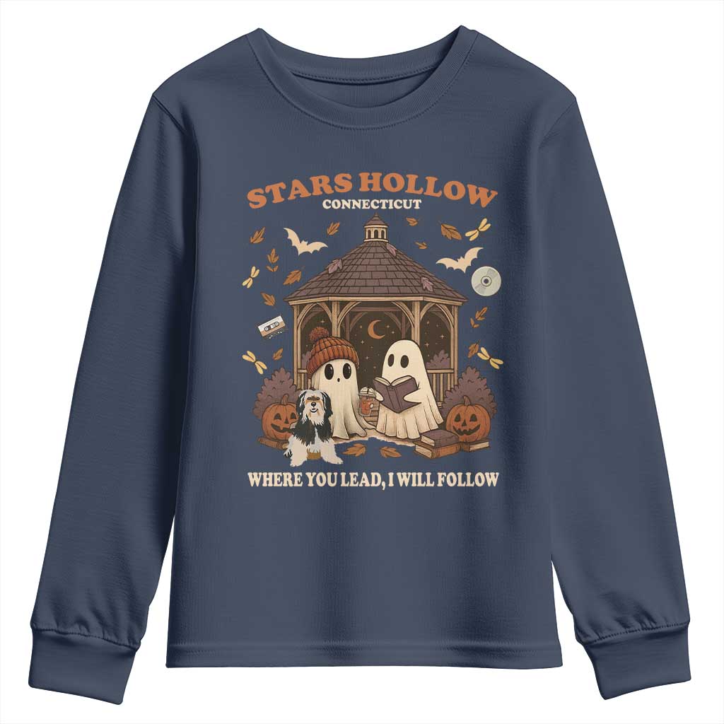Halloween Stars Hollow Youth Sweatshirt Retro Book Lover Cute Ghost Fall Pumpkin TS10 Navy Print Your Wear