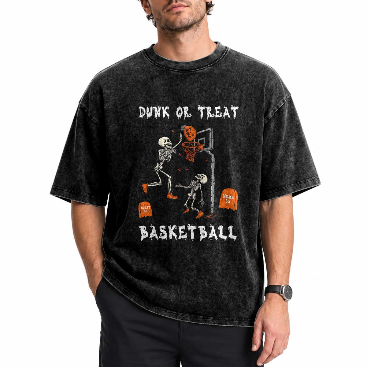 Halloween Skeleton Basketball Washed Cotton T-Shirt Funny Basketballer Sports Player
