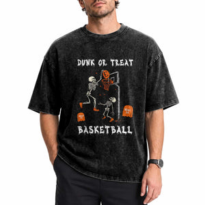 Halloween Skeleton Basketball Washed Cotton T-Shirt Funny Basketballer Sports Player