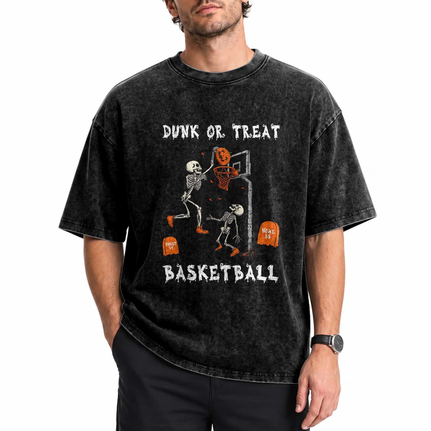 Halloween Skeleton Basketball Washed Cotton T-Shirt Funny Basketballer Sports Player TS10 Print Your Wear