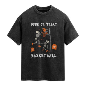 Halloween Skeleton Basketball Washed Cotton T-Shirt Funny Basketballer Sports Player