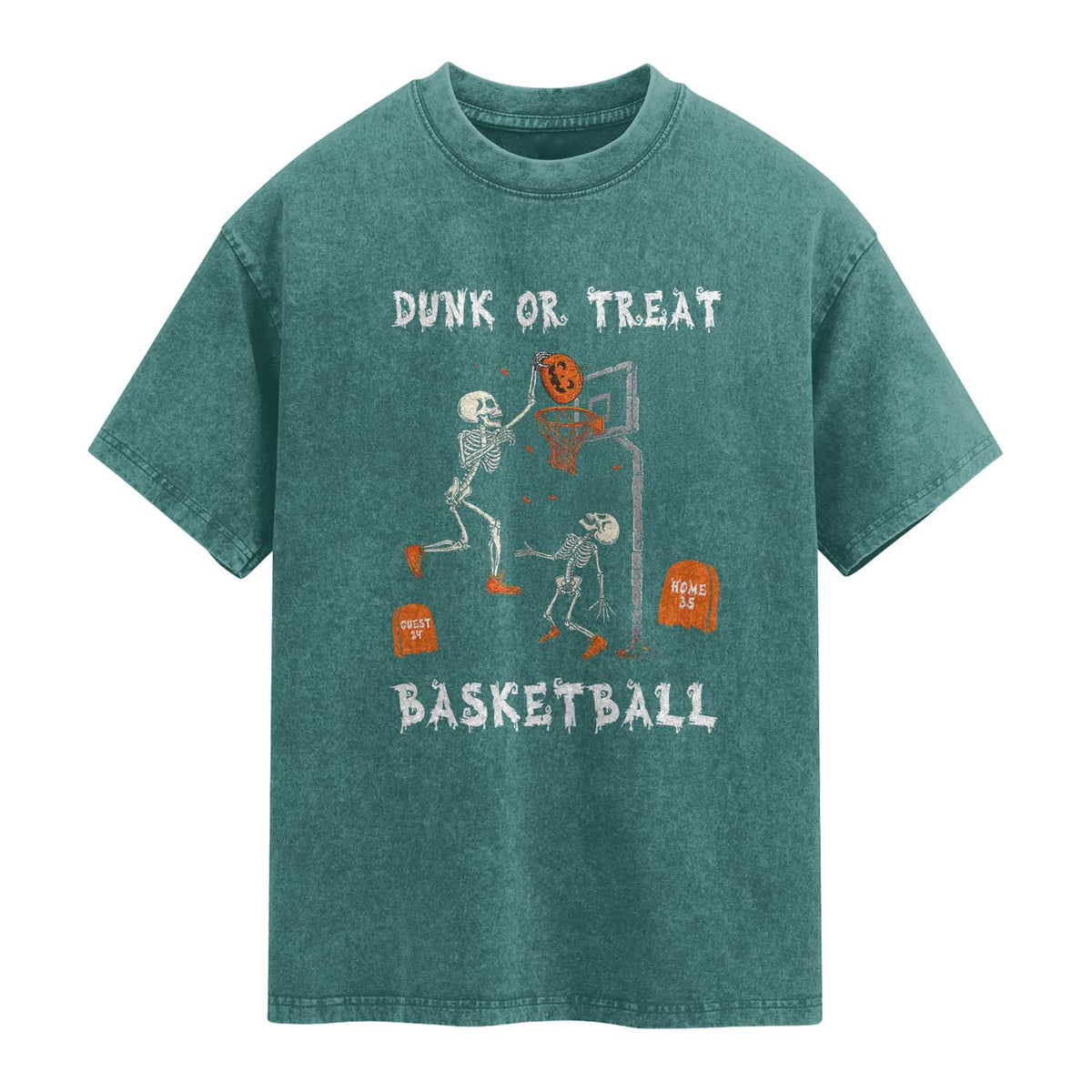 Halloween Skeleton Basketball Washed Cotton T-Shirt Funny Basketballer Sports Player