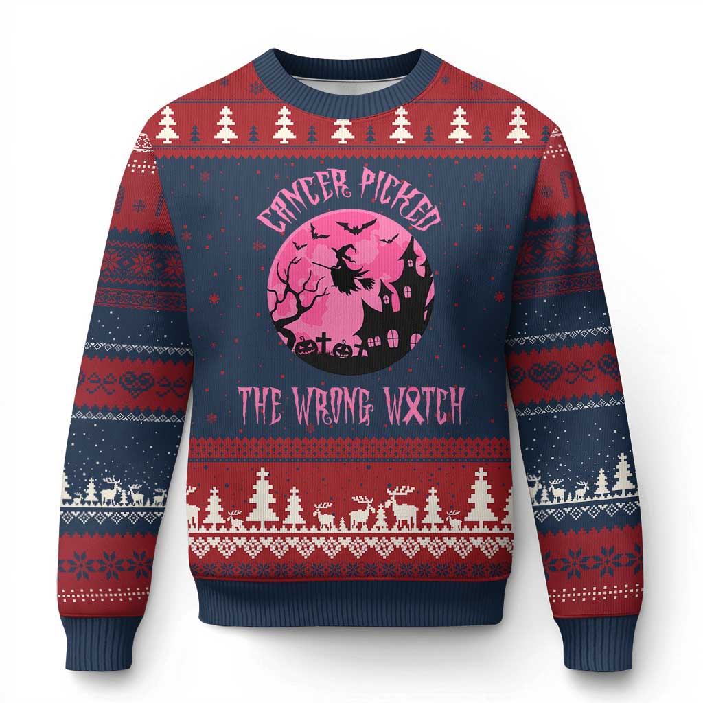 Breast Cancer Halloween Ugly Christmas Sweater In October We Wear Pink Witch TS10 Navy Red Print Your Wear