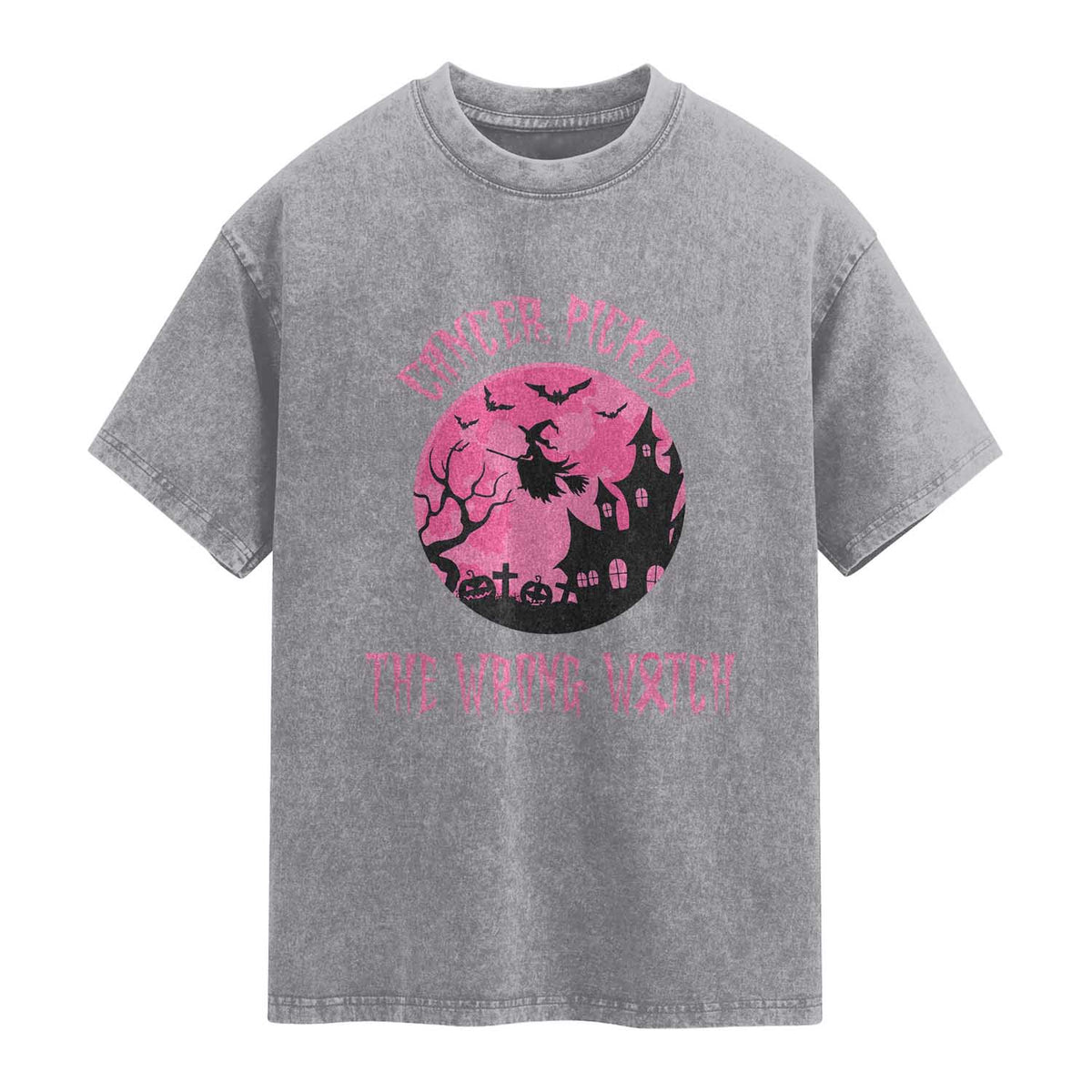 Breast Cancer Halloween Washed Cotton T-Shirt In October We Wear Pink Witch