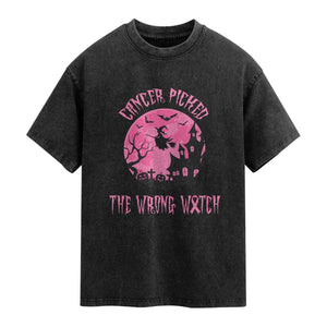 Breast Cancer Halloween Washed Cotton T-Shirt In October We Wear Pink Witch