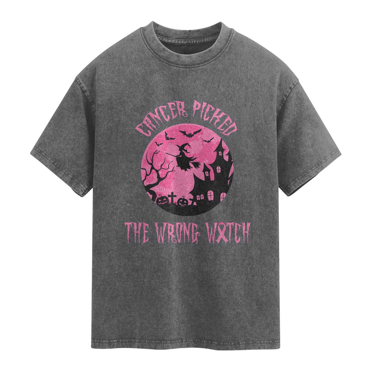 Breast Cancer Halloween Washed Cotton T-Shirt In October We Wear Pink Witch