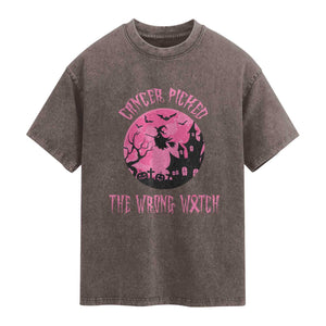 Breast Cancer Halloween Washed Cotton T-Shirt In October We Wear Pink Witch