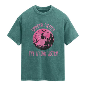 Breast Cancer Halloween Washed Cotton T-Shirt In October We Wear Pink Witch