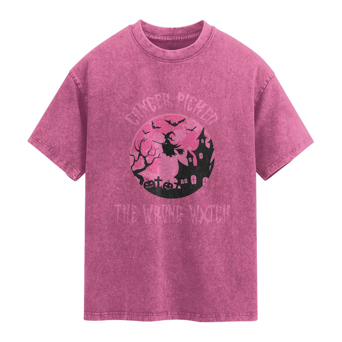 Breast Cancer Halloween Washed Cotton T-Shirt In October We Wear Pink Witch