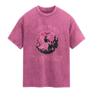 Breast Cancer Halloween Washed Cotton T-Shirt In October We Wear Pink Witch