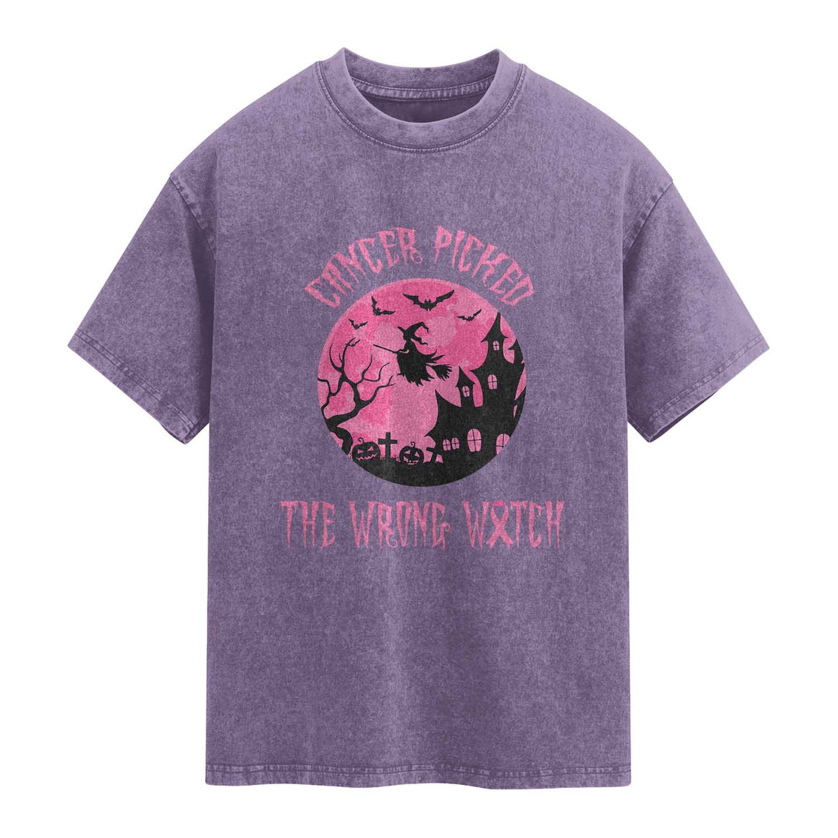 Breast Cancer Halloween Washed Cotton T-Shirt In October We Wear Pink Witch