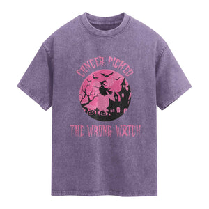 Breast Cancer Halloween Washed Cotton T-Shirt In October We Wear Pink Witch