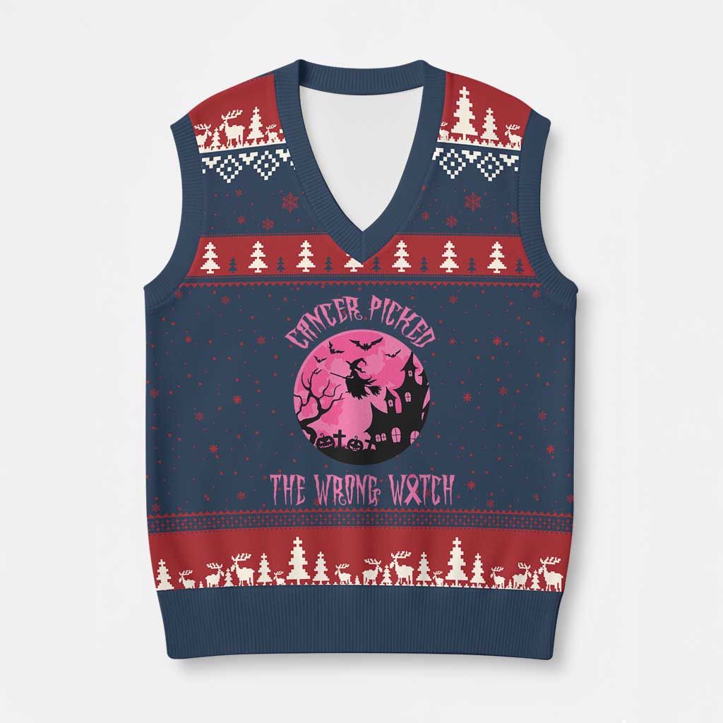 Breast Cancer Halloween V-Neck Knit Sweater Vest In October We Wear Pink Witch TS10 Navy Red Print Your Wear