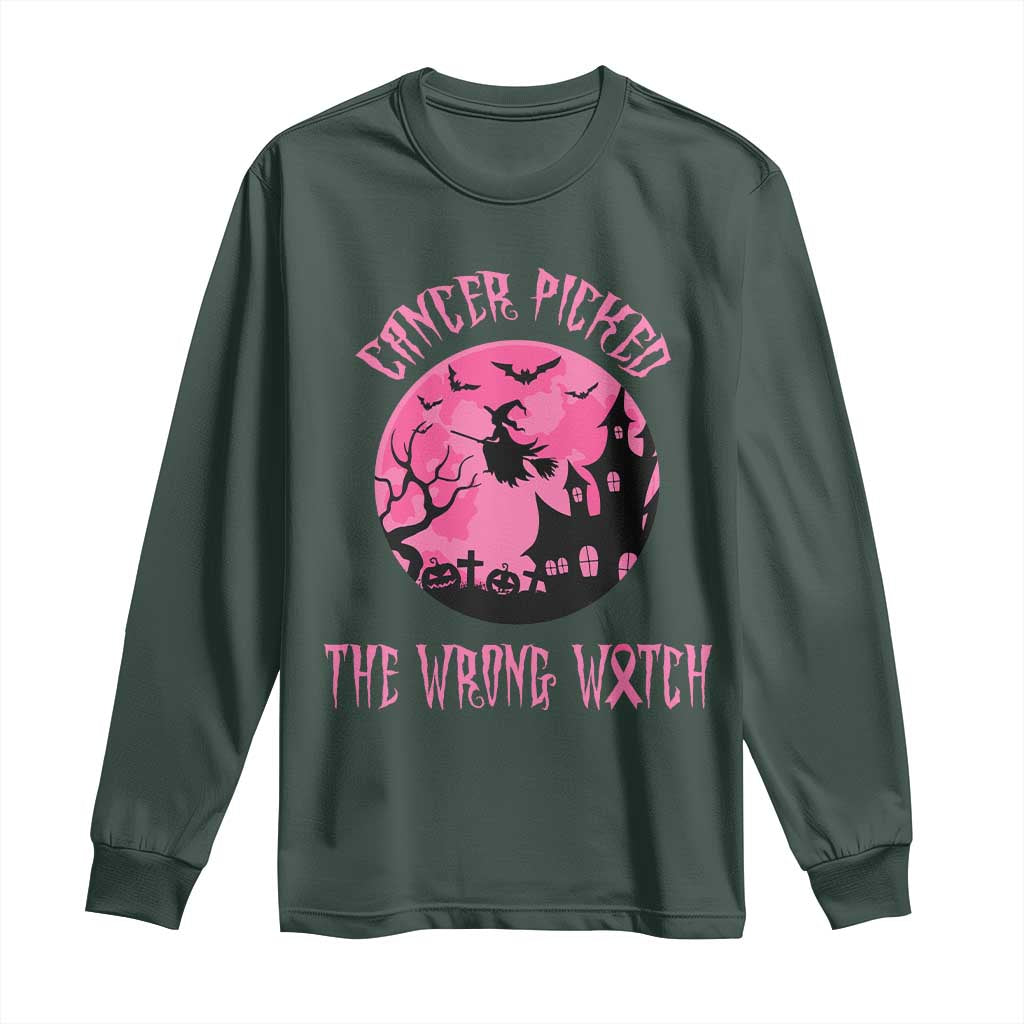Breast Cancer Halloween Long Sleeve Shirt In October We Wear Pink Witch TS10 Dark Forest Green Print Your Wear