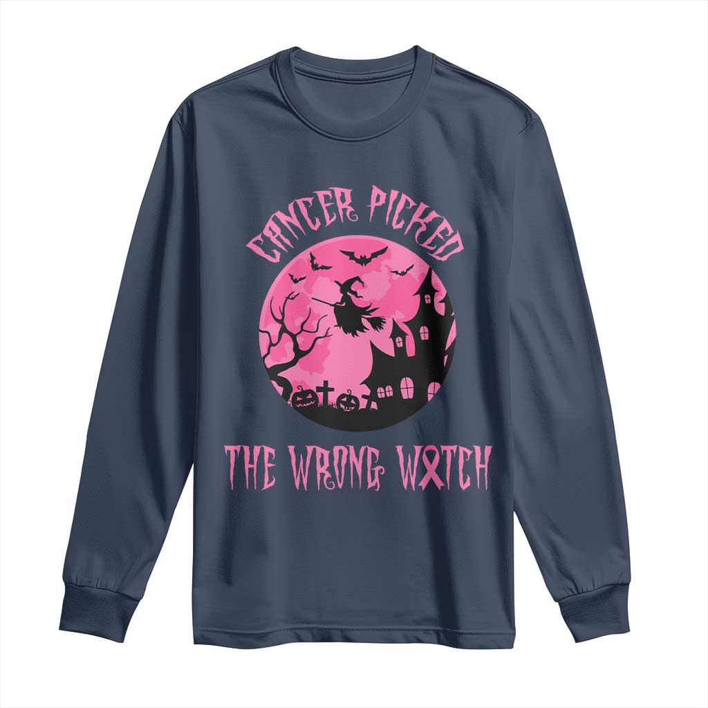 Breast Cancer Halloween Long Sleeve Shirt In October We Wear Pink Witch TS10 Navy Print Your Wear