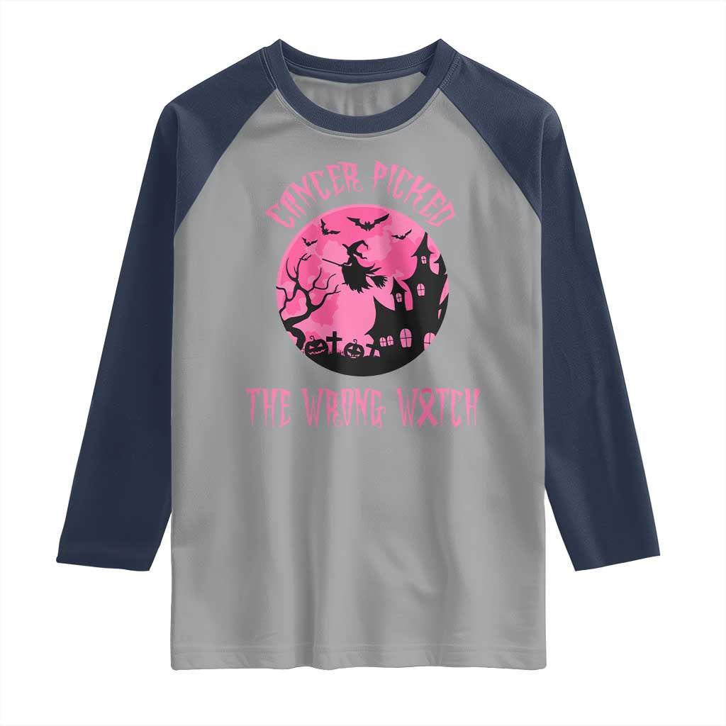 Breast Cancer Halloween Raglan Shirt In October We Wear Pink Witch TS10 Sport Gray Navy Print Your Wear